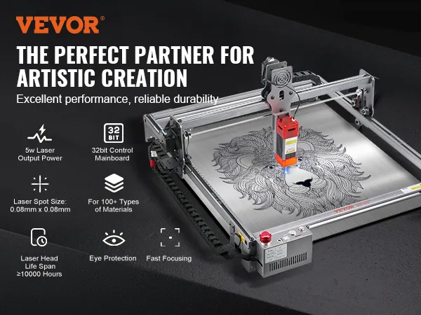 Grabador láser VEVOR: grabado de león preciso con láser de 5 W, control de 32 bits, enfoque rápido y protección ocular.