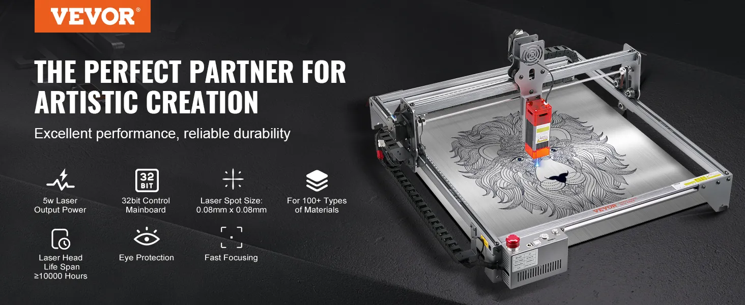 Grabador láser VEVOR: grabado de león preciso con láser de 5 W, control de 32 bits, enfoque rápido y protección ocular.