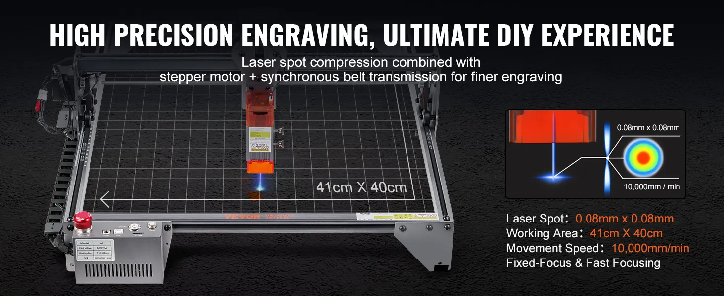 Grabador láser VEVOR con grabado de alta precisión, área de trabajo de 41 cm x 40 cm, enfoque fijo y velocidad de 10.000 mm/min.