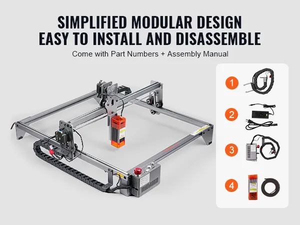 Grabador láser VEVOR con diseño modular, fácil instalación y piezas incluidas para su montaje.