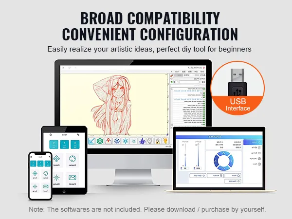 Grabador láser VEVOR: amplia compatibilidad, interfaz USB, grabados en cuero, madera, vidrio y más.
