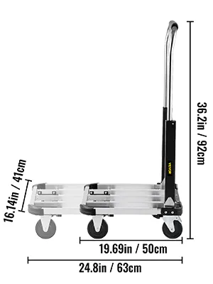VEVOR folding platform truck dimensions and details with wheels and handle measurements.