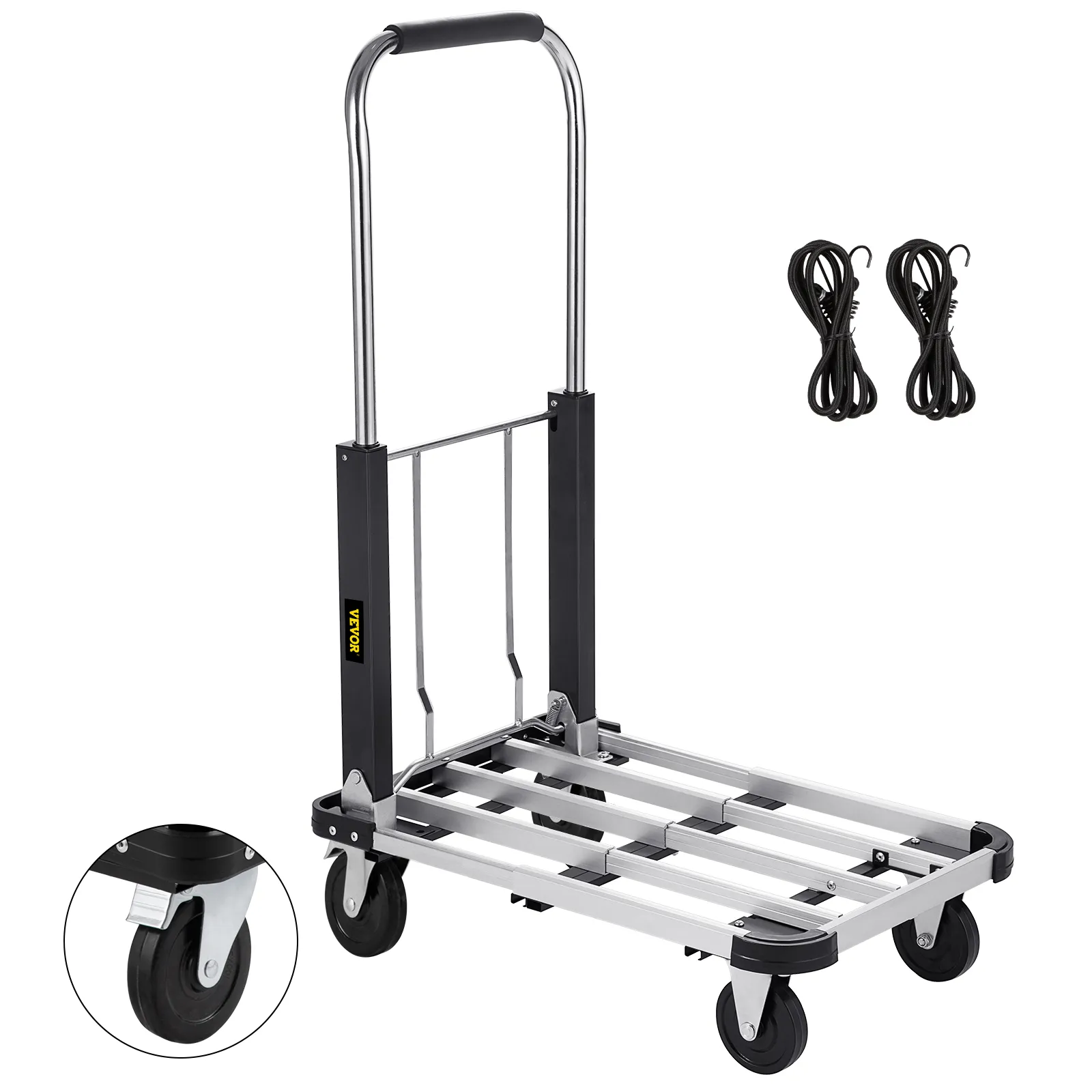 VEVOR folding platform truck with bungee cords, durable wheels, and foldable handle for easy transport.