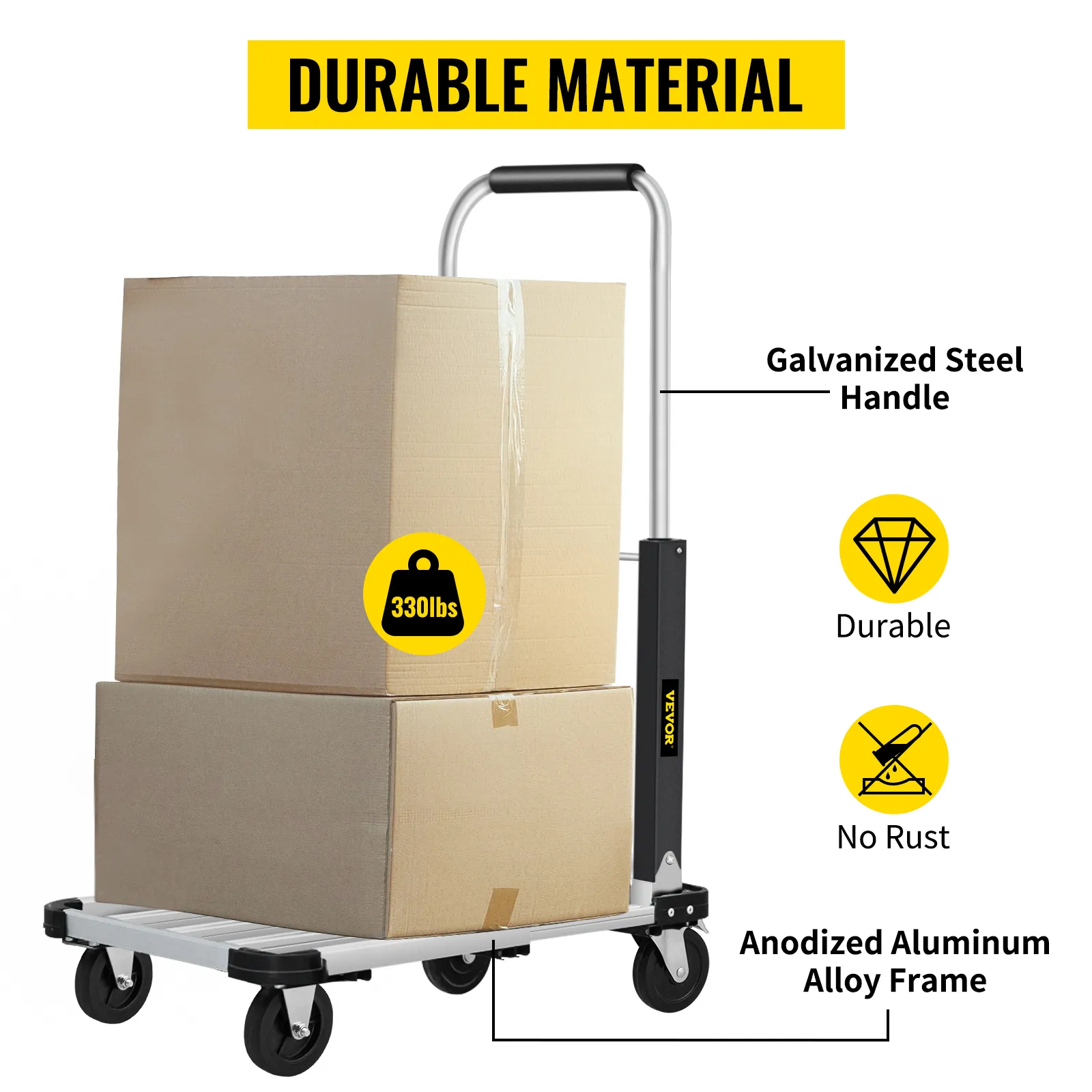 VEVOR folding platform truck with anodized aluminum frame, galvanized steel handle, and 330lbs capacity.