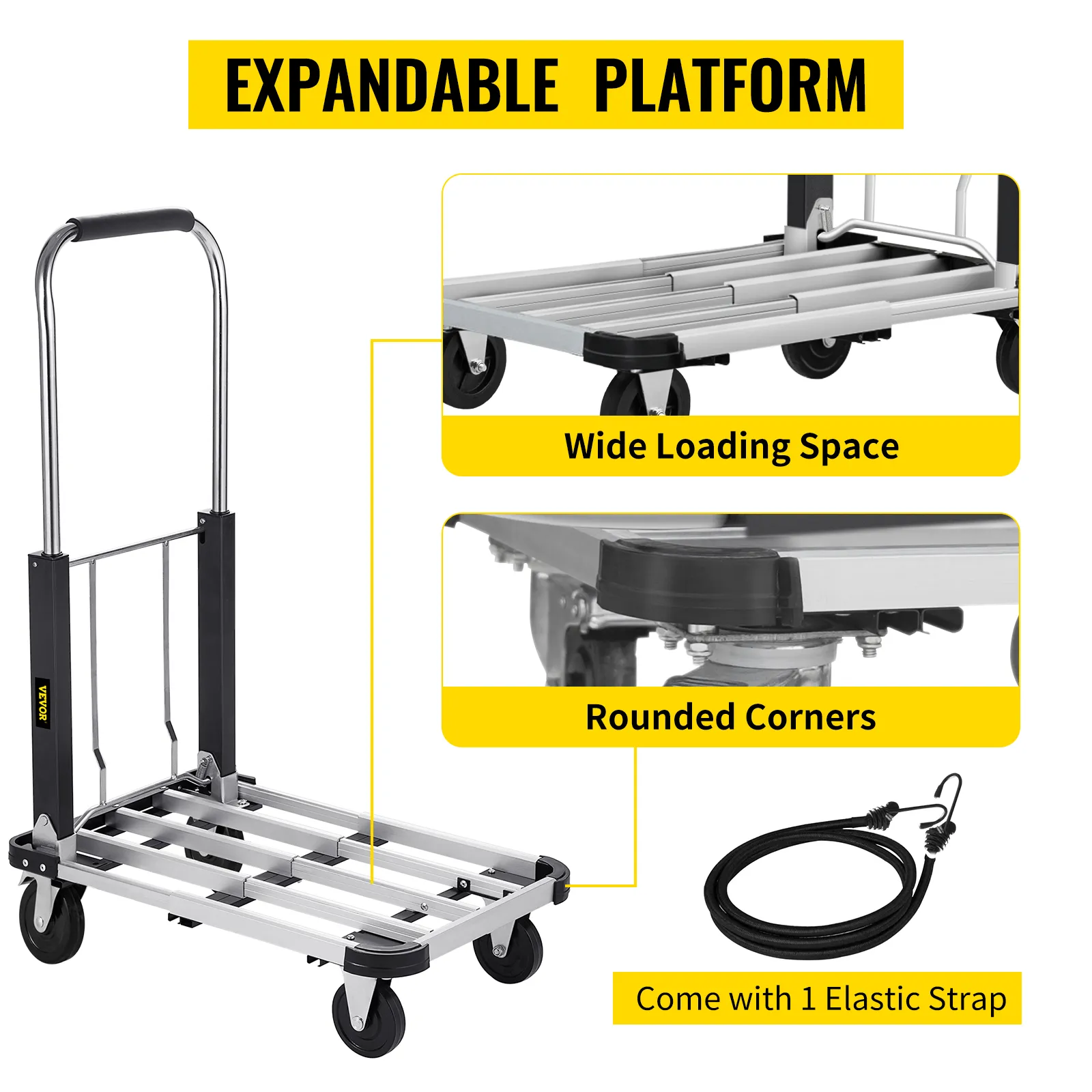 VEVOR folding platform truck with expandable platform, wide loading space, rounded corners, and elastic strap.