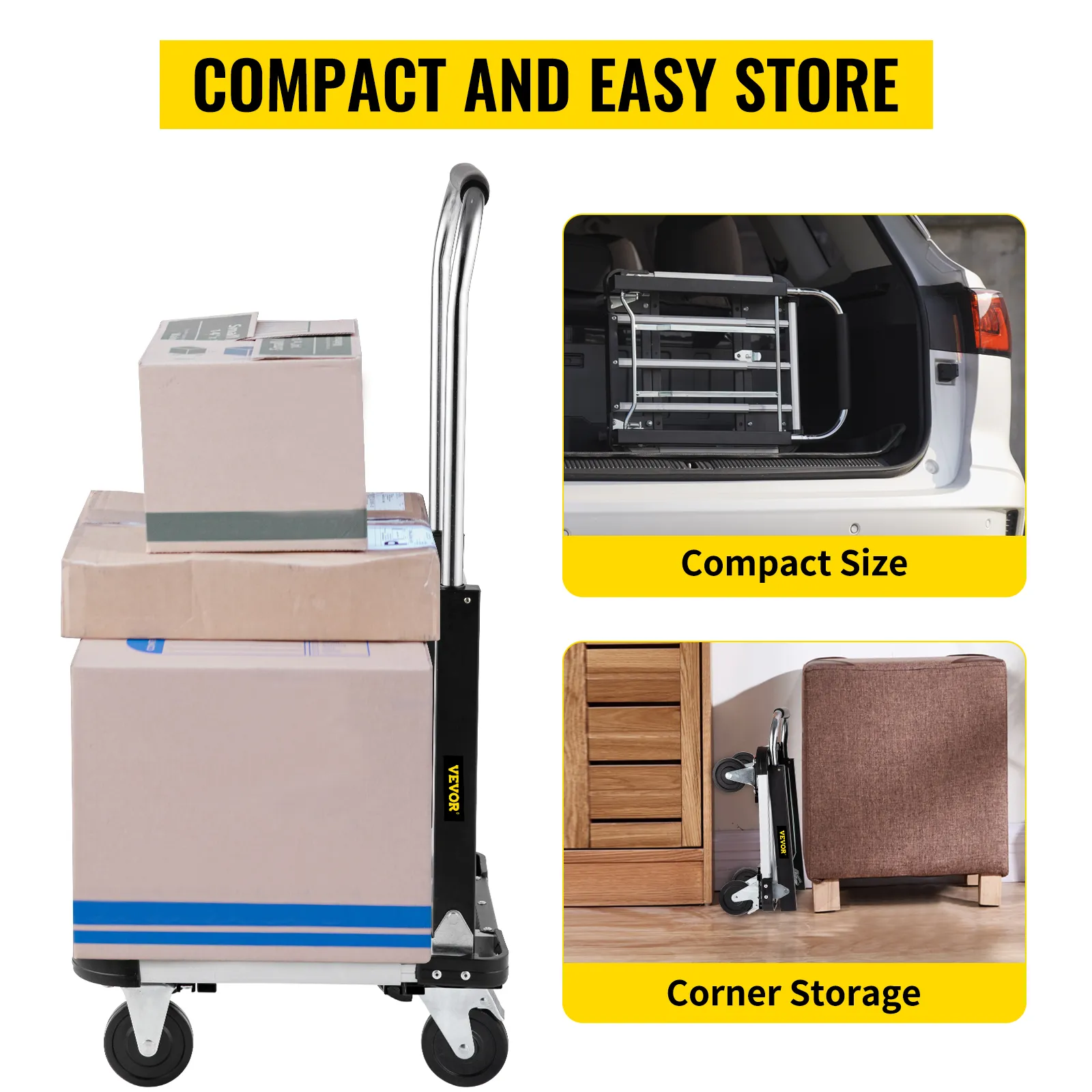 VEVOR folding platform truck with boxes, emphasizing compact size and corner storage capability.