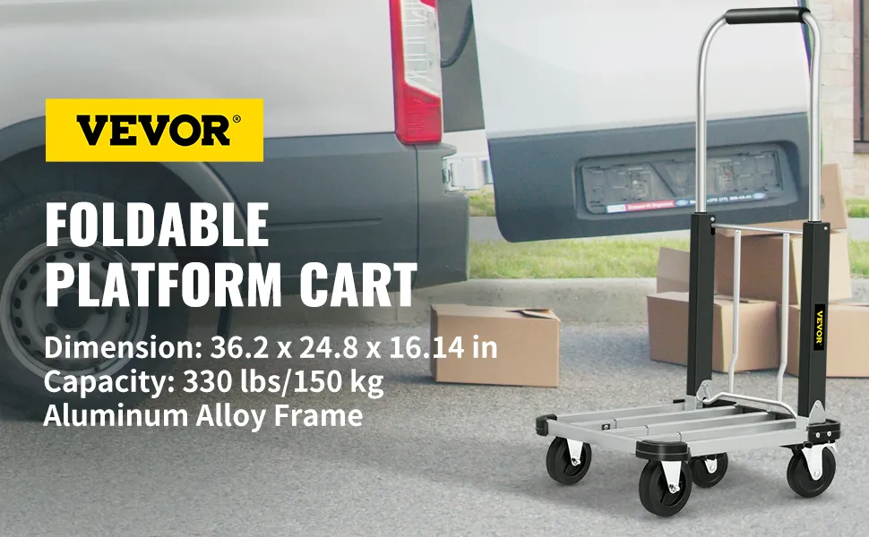 VEVOR folding platform truck near van with cardboard boxes, aluminum alloy frame, 330 lb capacity.