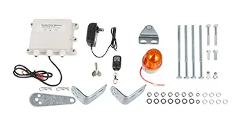 Abridor de portón eléctrico VEVOR con caja de control, control remoto, luz naranja, pernos y herrajes.