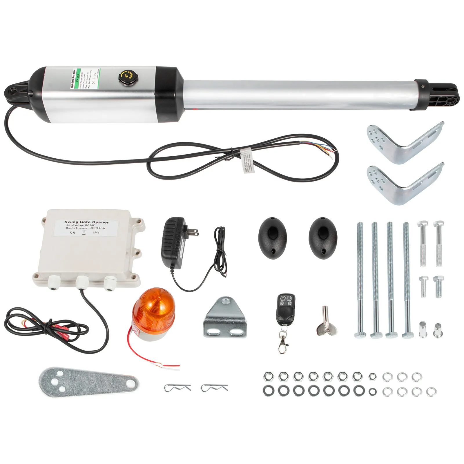 Componentes del abridor de puerta eléctrico VEVOR que incluyen motor, control remoto, soportes, pernos y cableado.