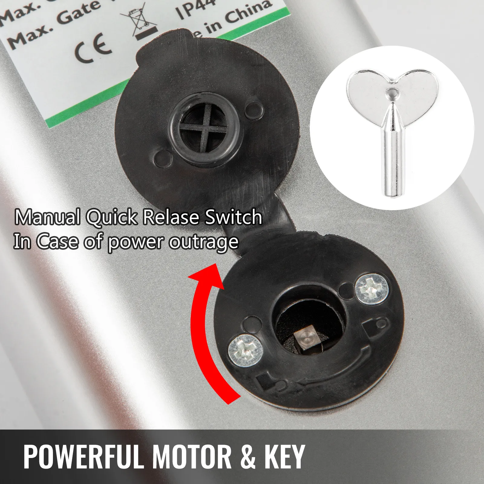 Abridor de portón eléctrico VEVOR con interruptor de liberación rápida manual y llave para respaldo en caso de corte de energía.