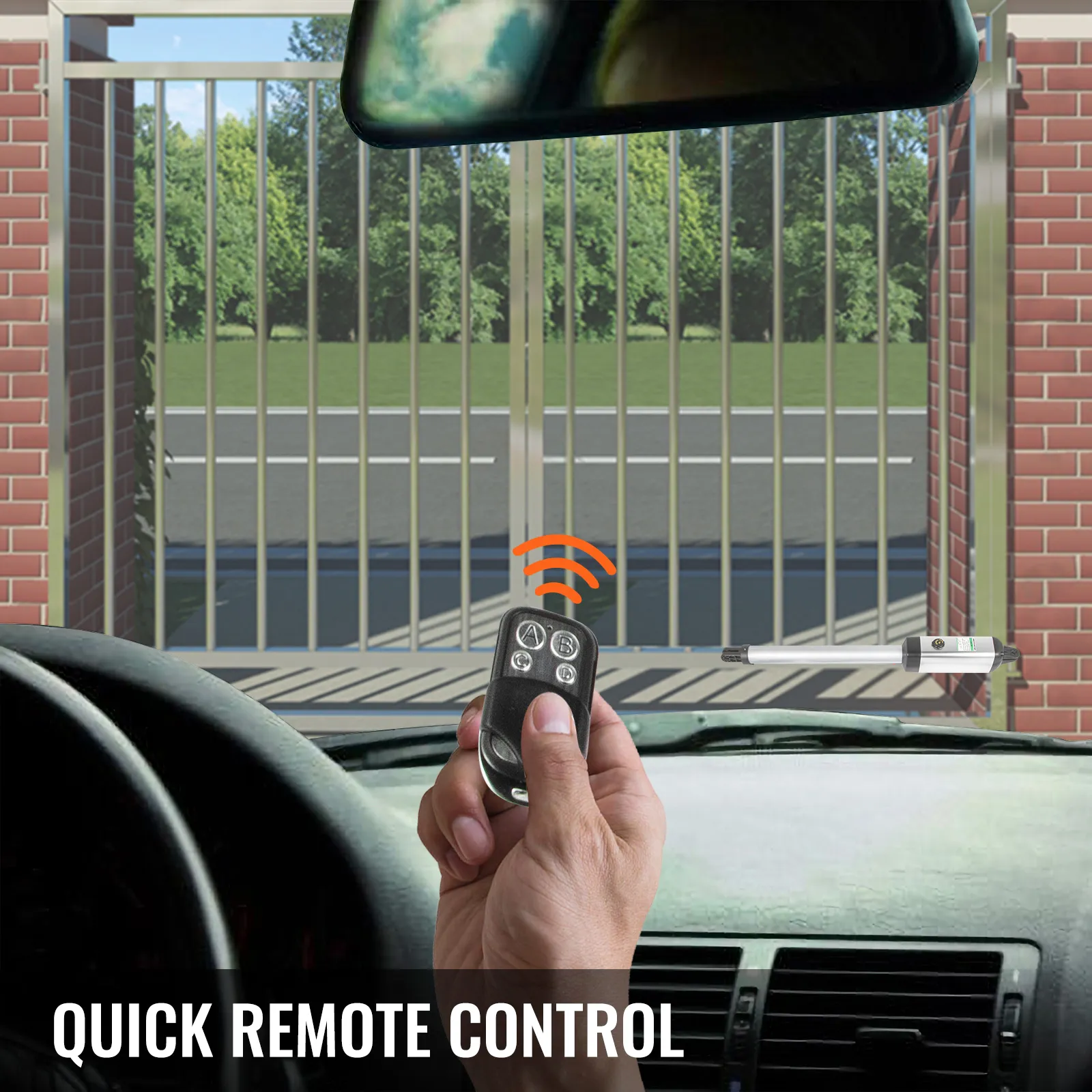 Abridor de puerta eléctrico VEVOR operado a mano con control remoto en el automóvil, puerta y unidad de control visibles.