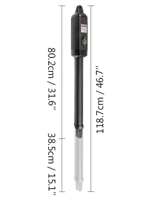 Dimensiones del abridor de puerta eléctrico VEVOR: 118,7 cm de largo, secciones de 80,2 cm y 38,5 cm.