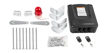 Kit de apertura de portón eléctrico VEVOR con caja de control, soportes, controles remotos y hardware.