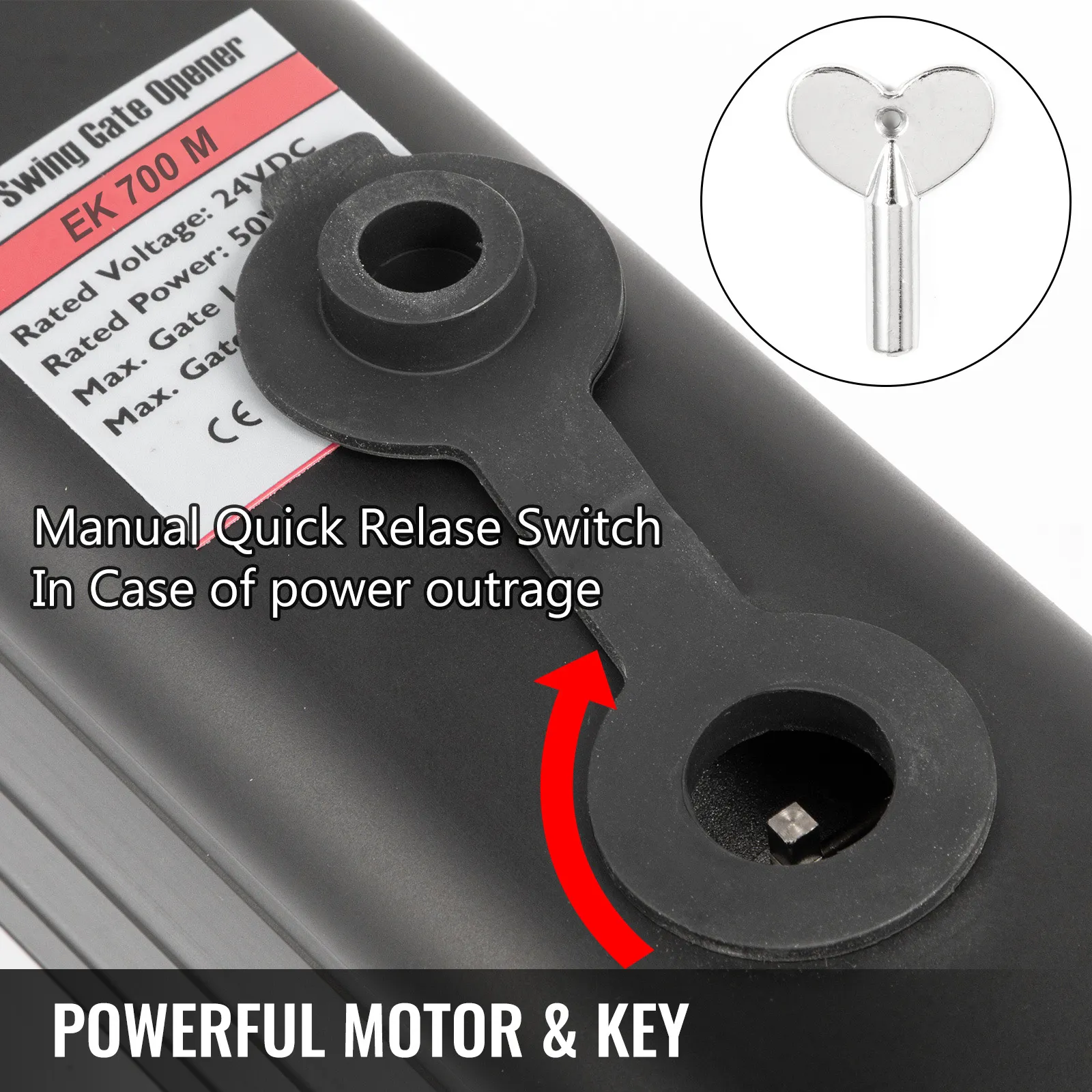 Abridor de puerta eléctrico VEVOR con interruptor de liberación rápida manual y llave.