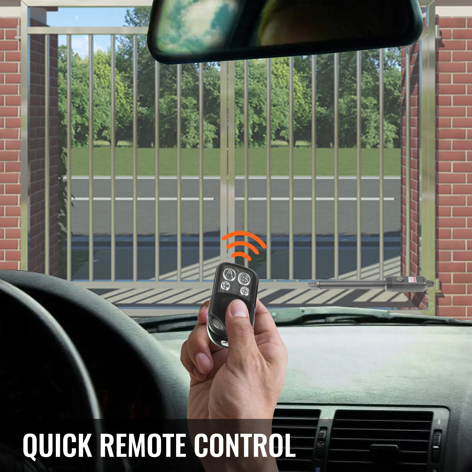 control remoto manual, abriendo una puerta con el abridor de puerta eléctrico VEVOR desde el interior de un automóvil.