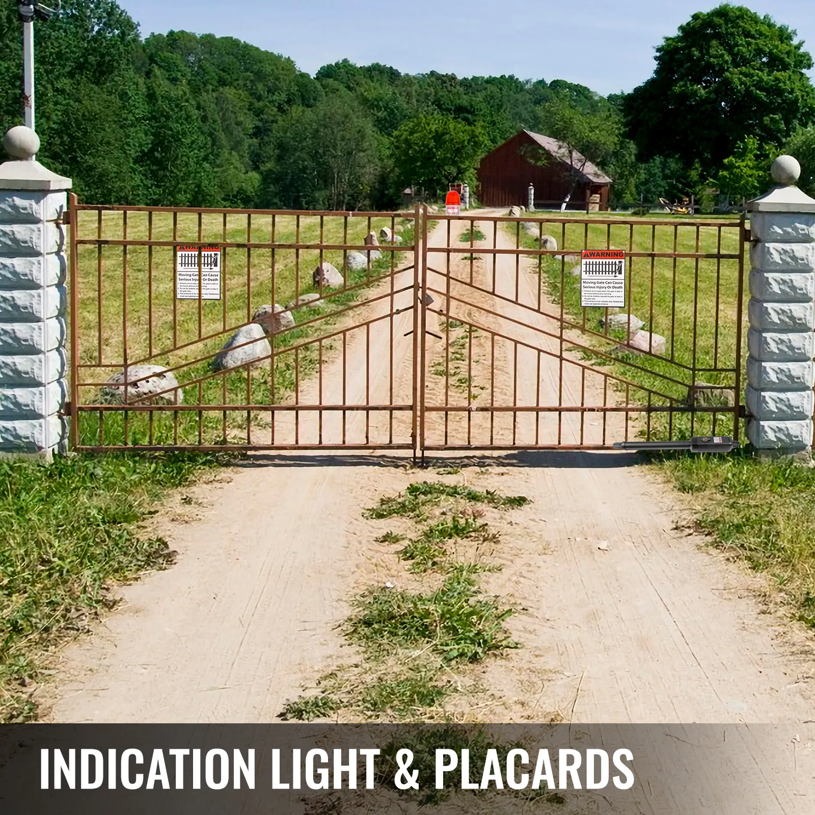 Puerta rural con abridor de puerta eléctrico VEVOR, luz indicadora y placas de seguridad.