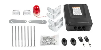 Kit de abridor de puerta batiente doble VEVOR con accesorios, soportes y controles remotos.