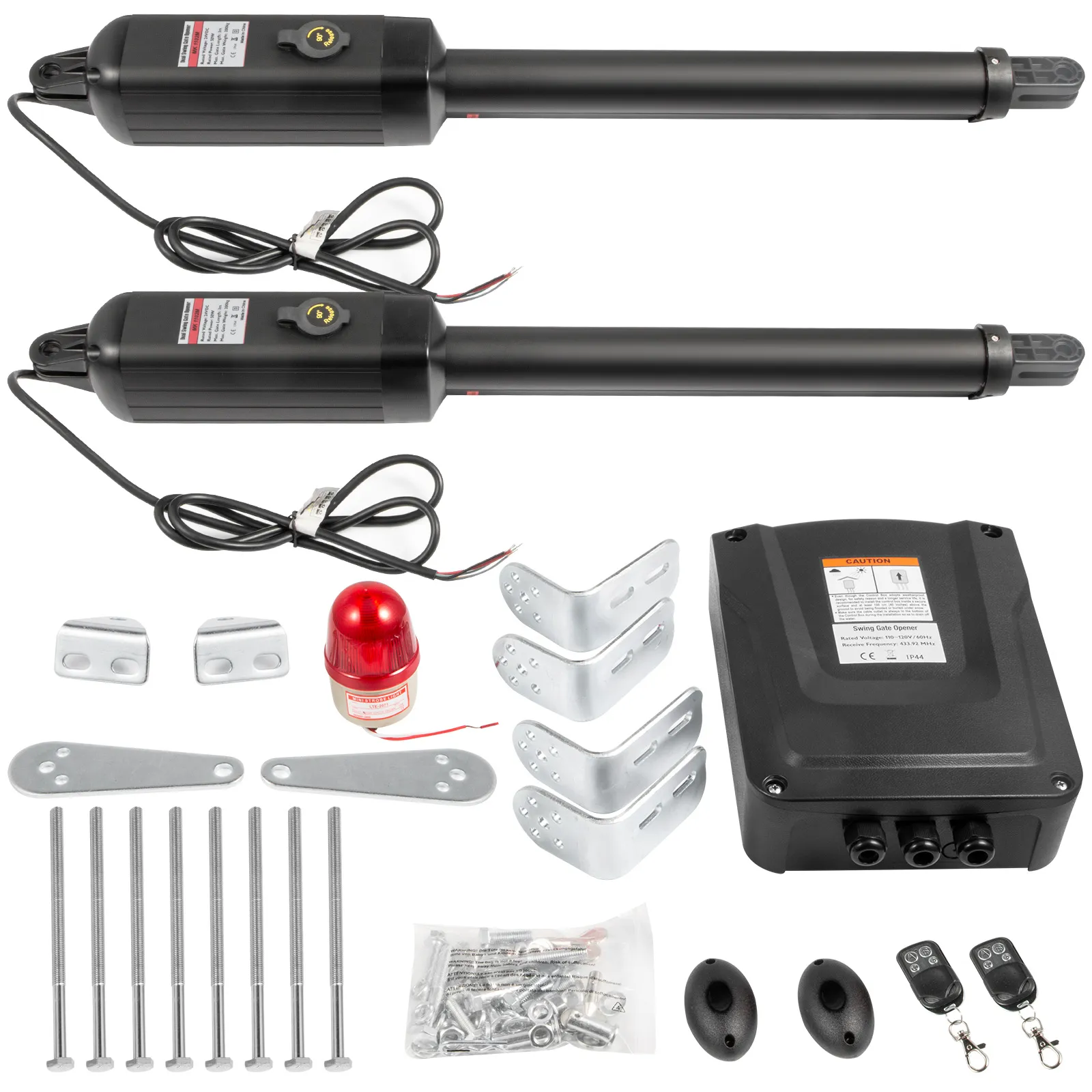 Kit de abridor de puerta batiente doble VEVOR con accesorios, controles remotos y hardware de montaje.