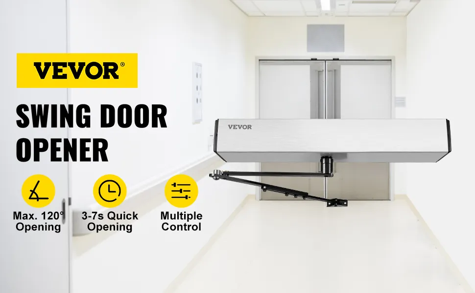 VEVOR automatic door opener in a hallway with swing door mechanism and features icons.