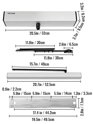 VEVOR automatic door opener detailed dimensions in inches and centimeters.