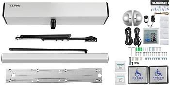 VEVOR automatic door opener kit with remote, keypad, and installation accessories.