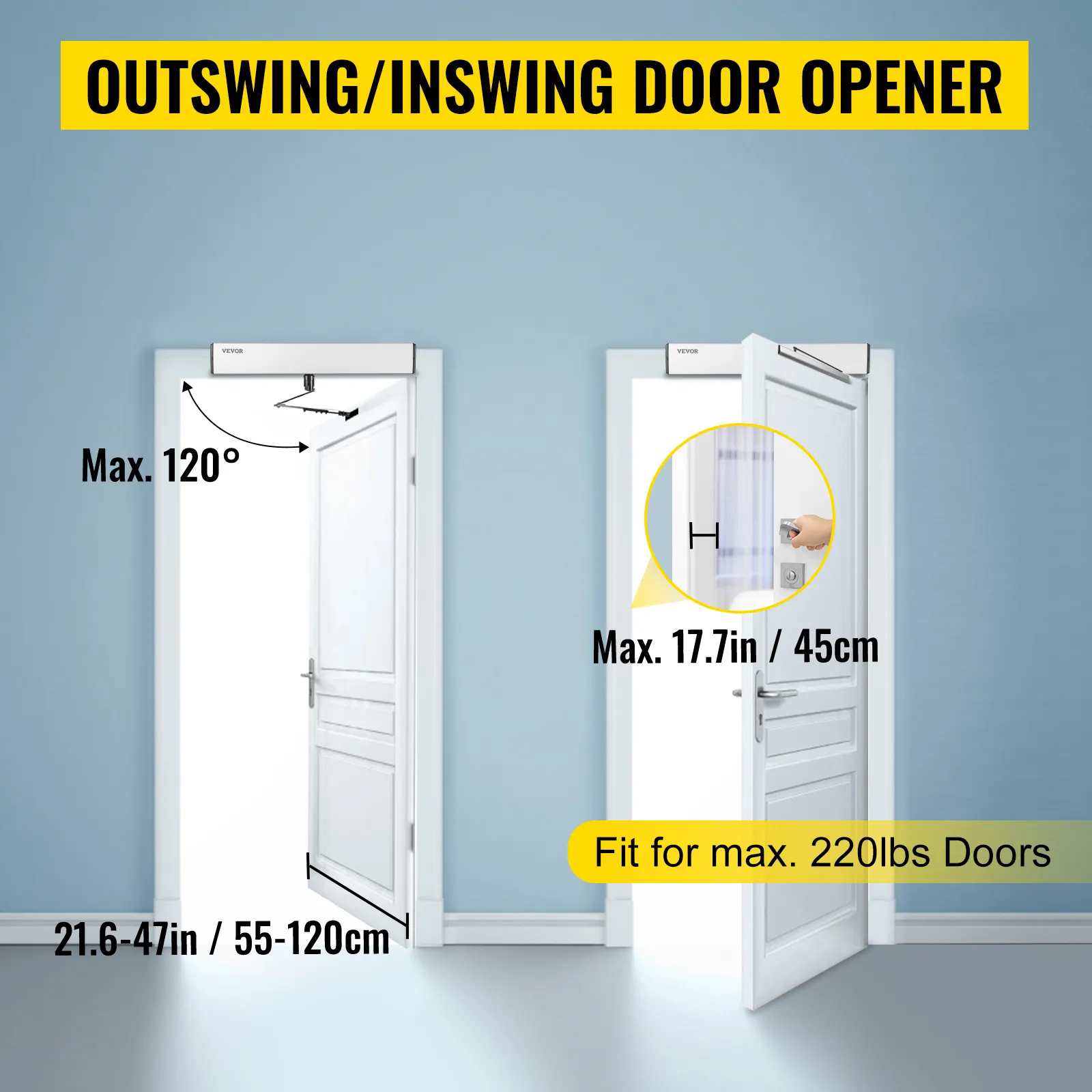VEVOR automatic door opener for outswing/inswing doors, 220lbs max, 120° opening.