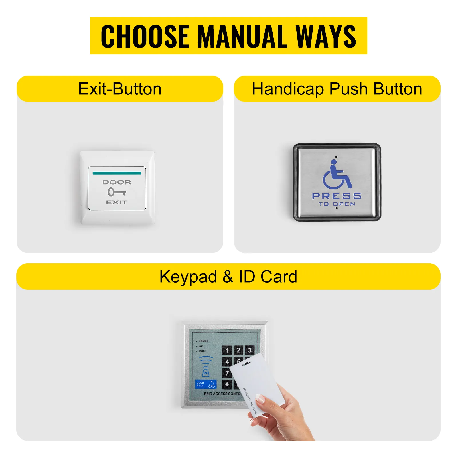 exit-button, handicap push button, and keypad & id card options for VEVOR automatic door opener.