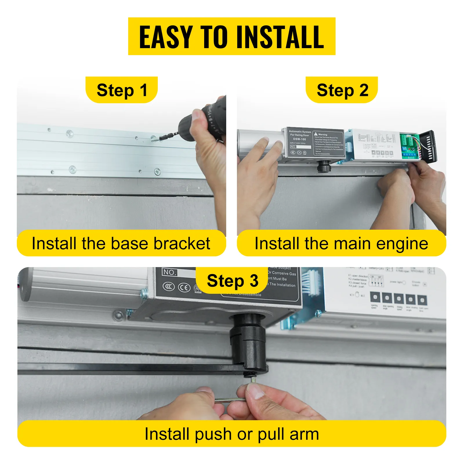 easy instructions to install VEVOR automatic door opener: base bracket, main engine, push/pull arm.