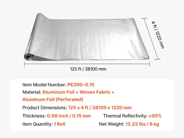 VEVOR Double Reflective Insulation Roll, Perforated Woven Fabric Radiant Barrier, 0.15mm 48 in x 125 ft, Double-Sided Aluminum Foil Heat Reflective Shield, Thermal Insulation Roll for Window RV Roof