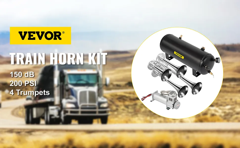Kit de bocina de tren VEVOR con 150 db, tanque de 200 psi y 4 trompetas cerca de una autopista.