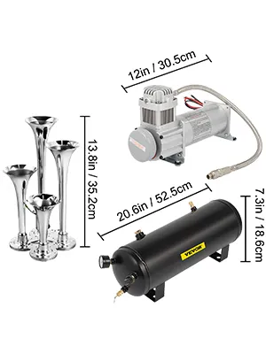 Kit de bocina de tren VEVOR con compresor, tanque de aire y bocinas cromadas con medidas.