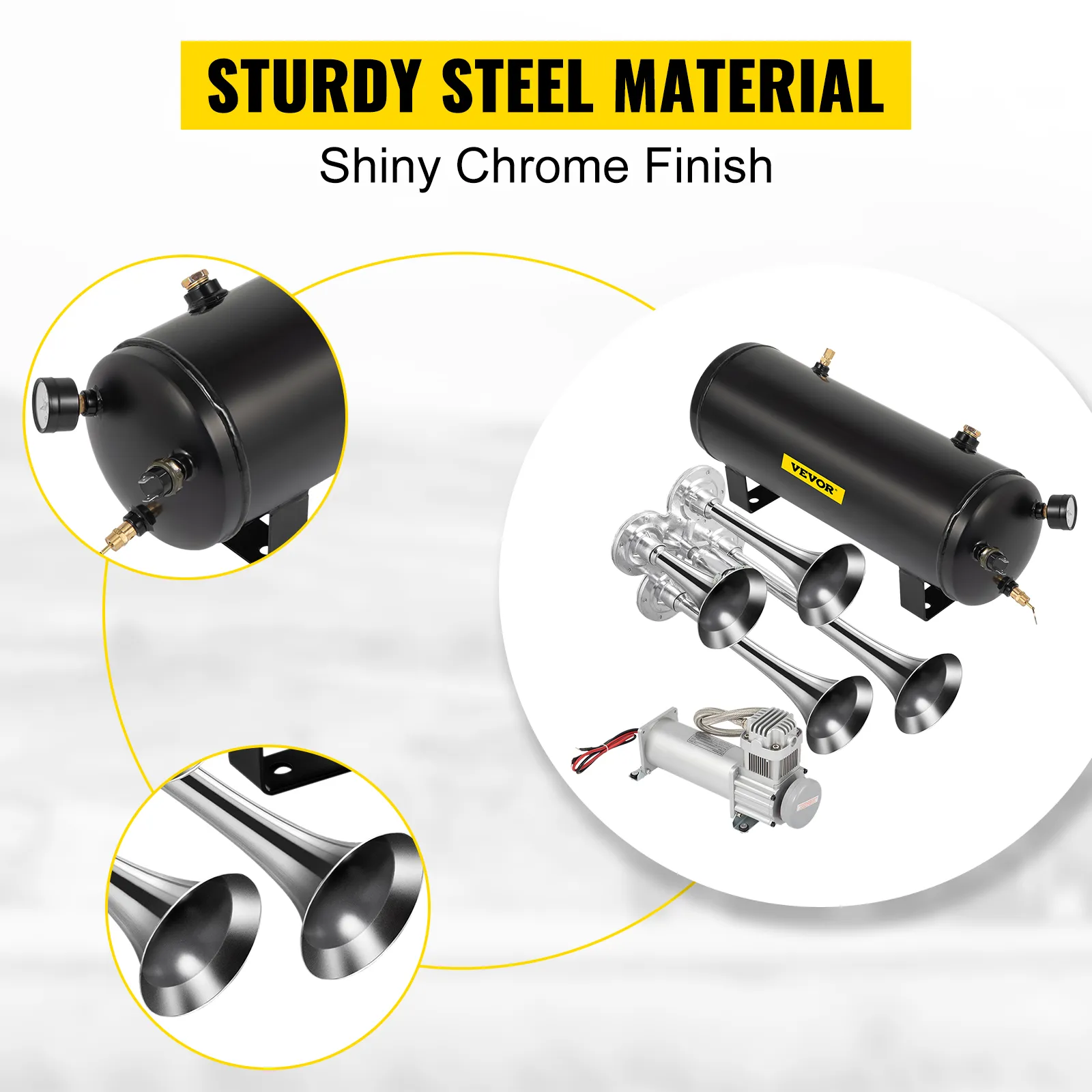 Kit de bocina de tren VEVOR con tanque negro, bocinas cromadas y compresor de aire. Material de acero resistente.
