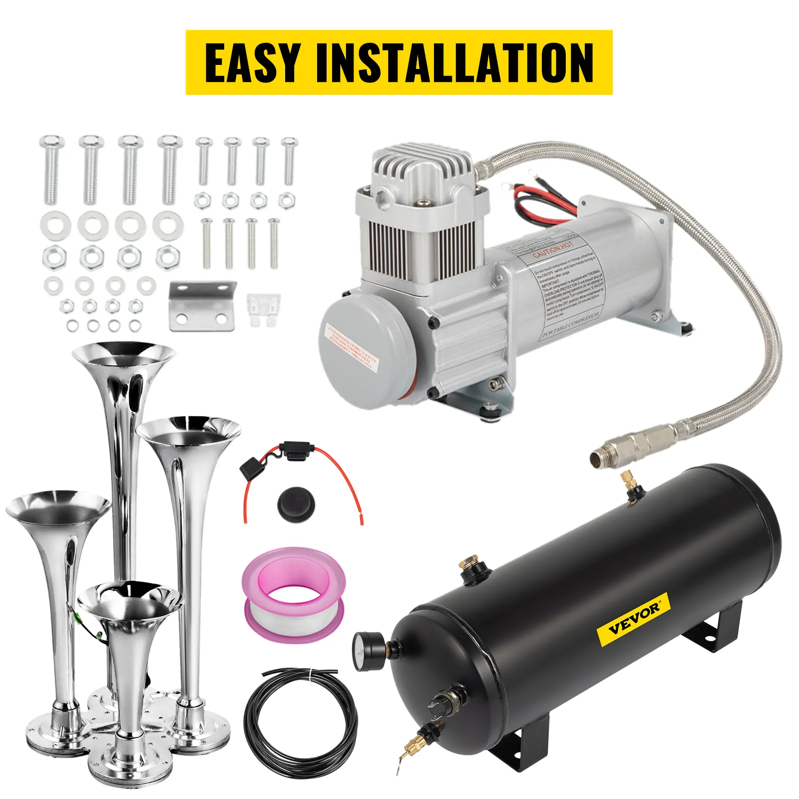 Kit de bocina de tren VEVOR con compresor, tubos, cuatro bocinas cromadas y hardware de instalación. Fácil instalación.