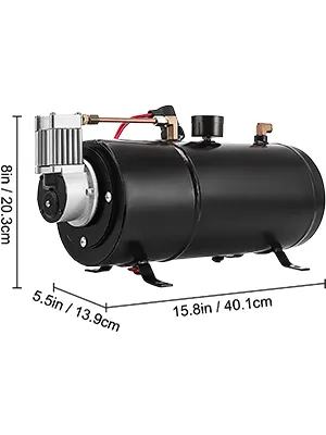 Compresor de bocina de aire VEVOR con dimensiones: 8 pulgadas x 5,5 pulgadas x 15,8 pulgadas, tanque cilíndrico negro.