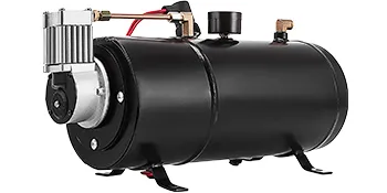 Compresor de bocina de aire VEVOR con tanque cilíndrico negro y componentes adjuntos