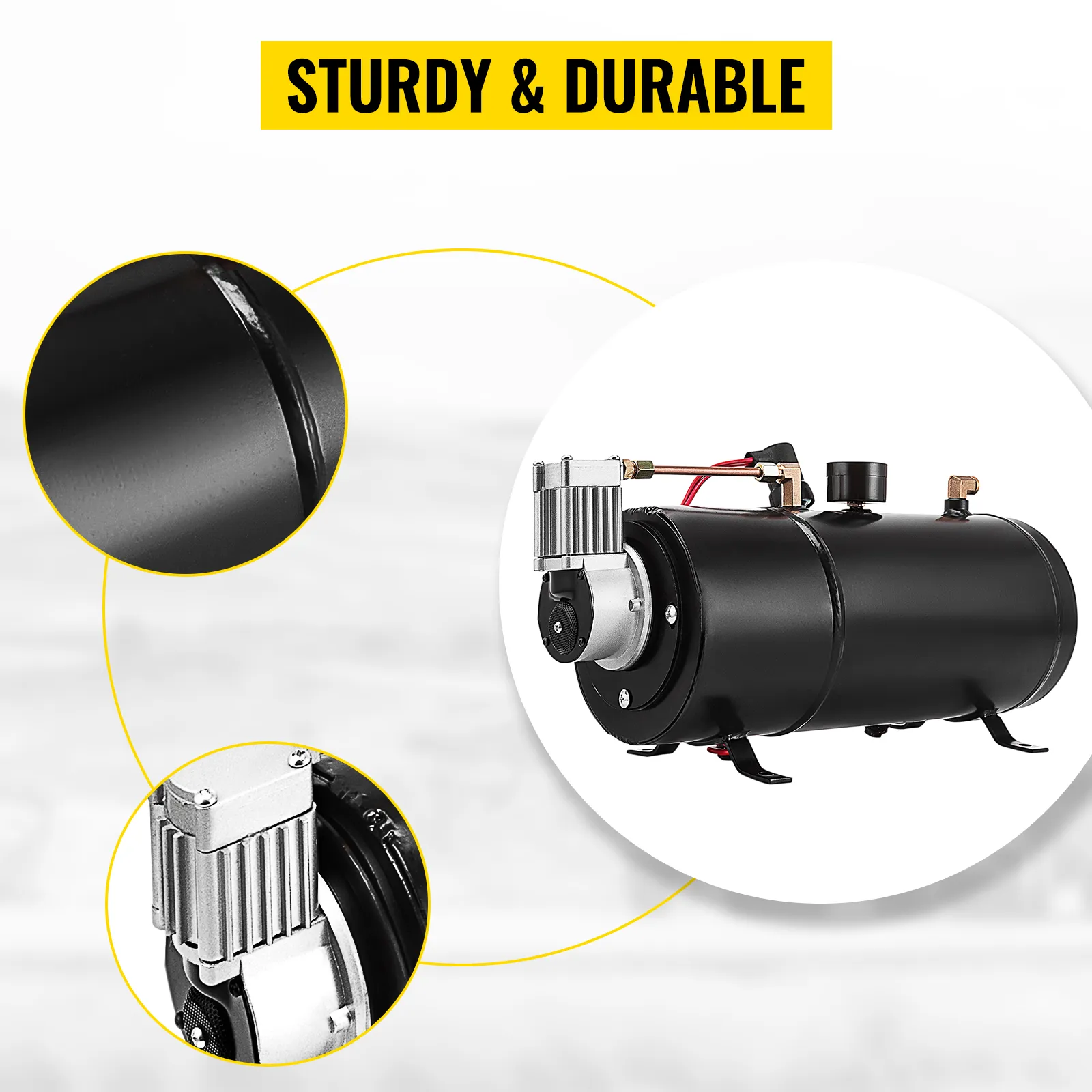 Compresor de bocina de aire VEVOR resistente y duradero con vistas detalladas de cerca.