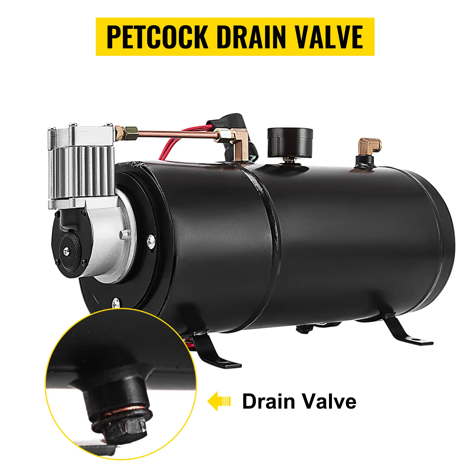 Compresor de bocina de aire VEVOR con válvula de drenaje resaltada, con válvula de drenaje de grifo.