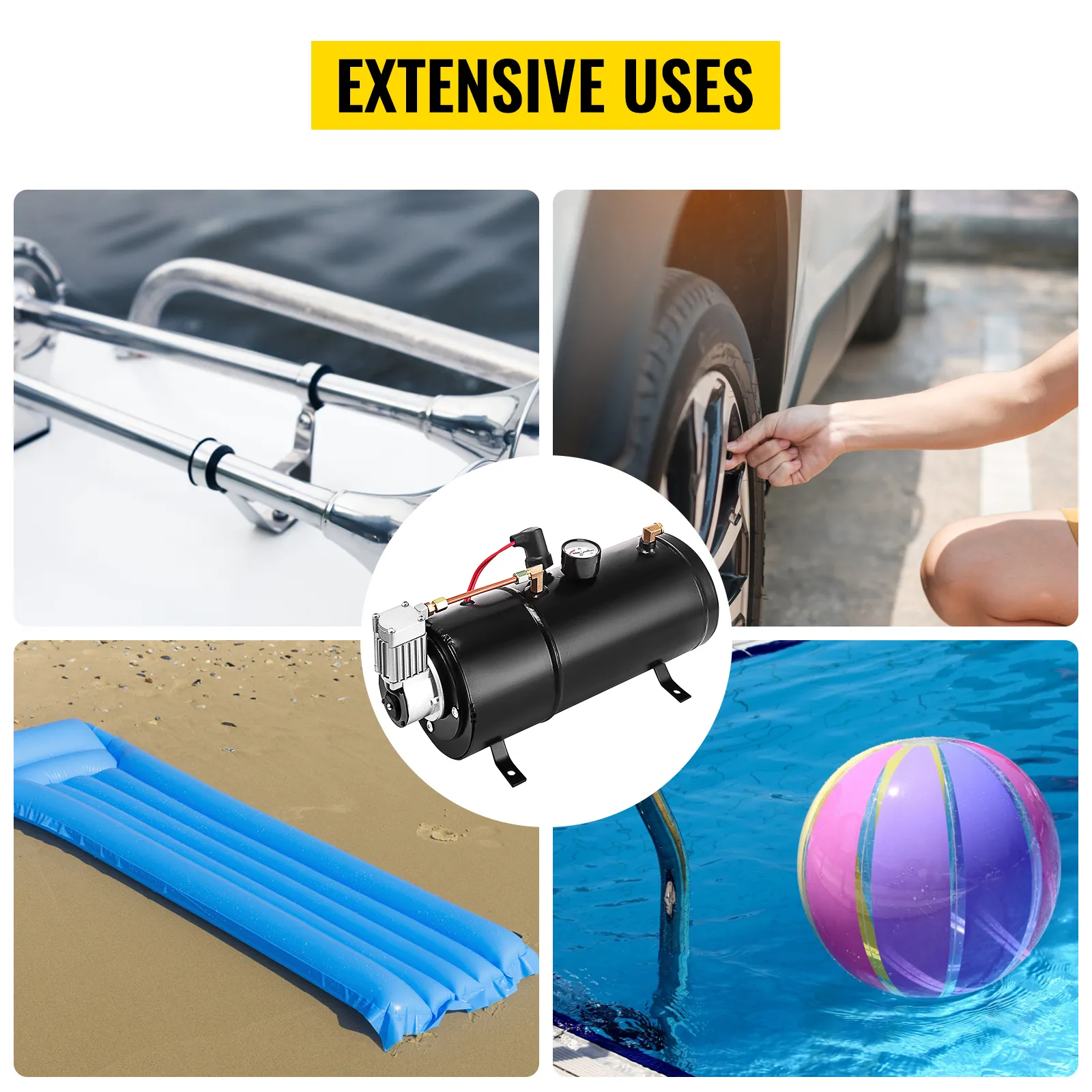 Compresor de bocina de aire VEVOR con aplicaciones para neumáticos de automóviles, inflables de piscina y más.