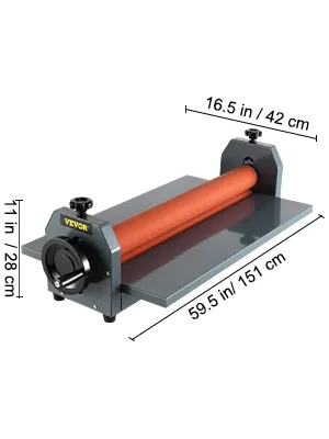 VEVOR-Kaltlaminator mit den Abmessungen 59,5 x 16,5 x 11 Zoll, grauer Basis und orangefarbener Walze.
