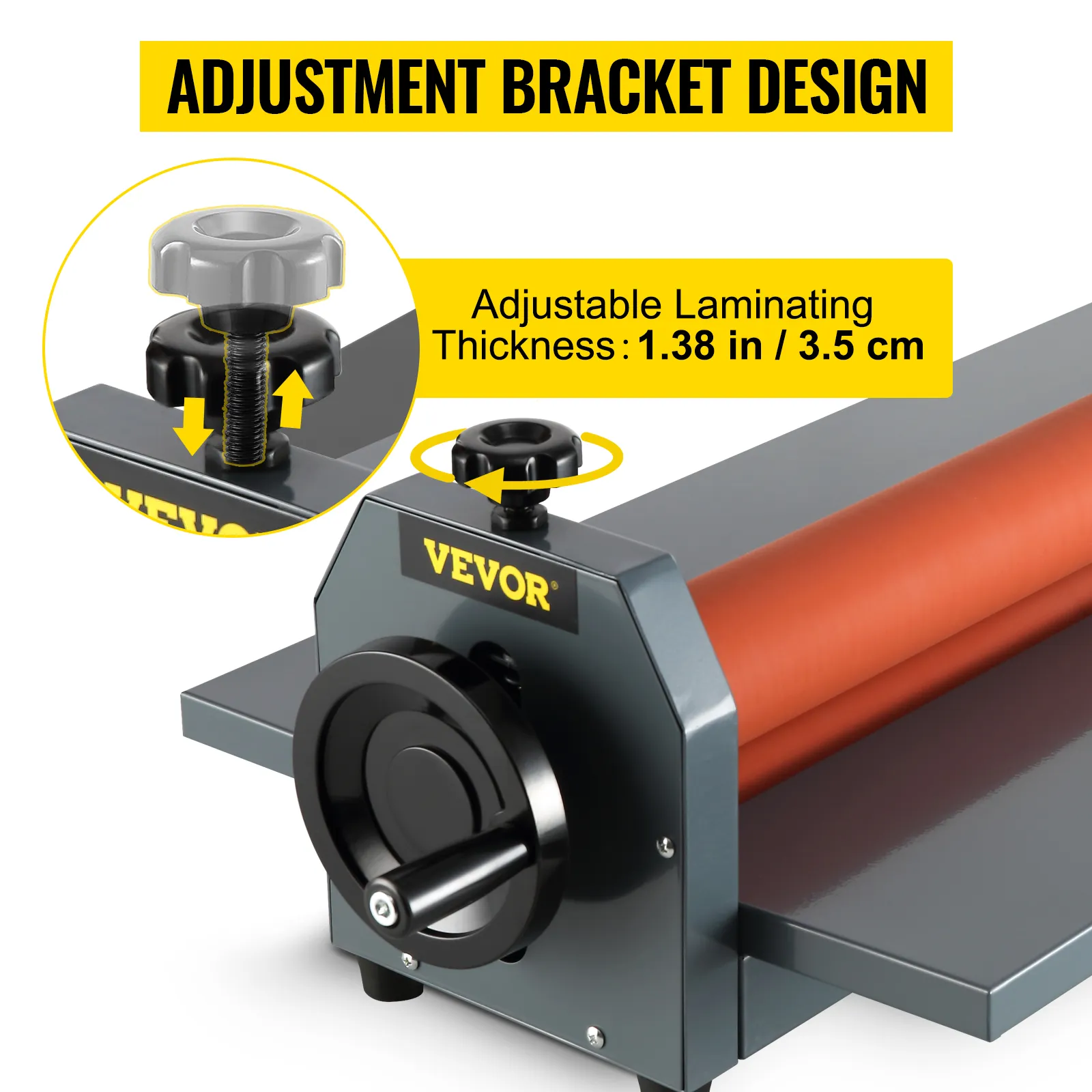 VEVOR-Kaltrollen-Laminiergerät mit verstellbarem Halterungsdesign für 1,38 Zoll/3,5 cm Dicke.