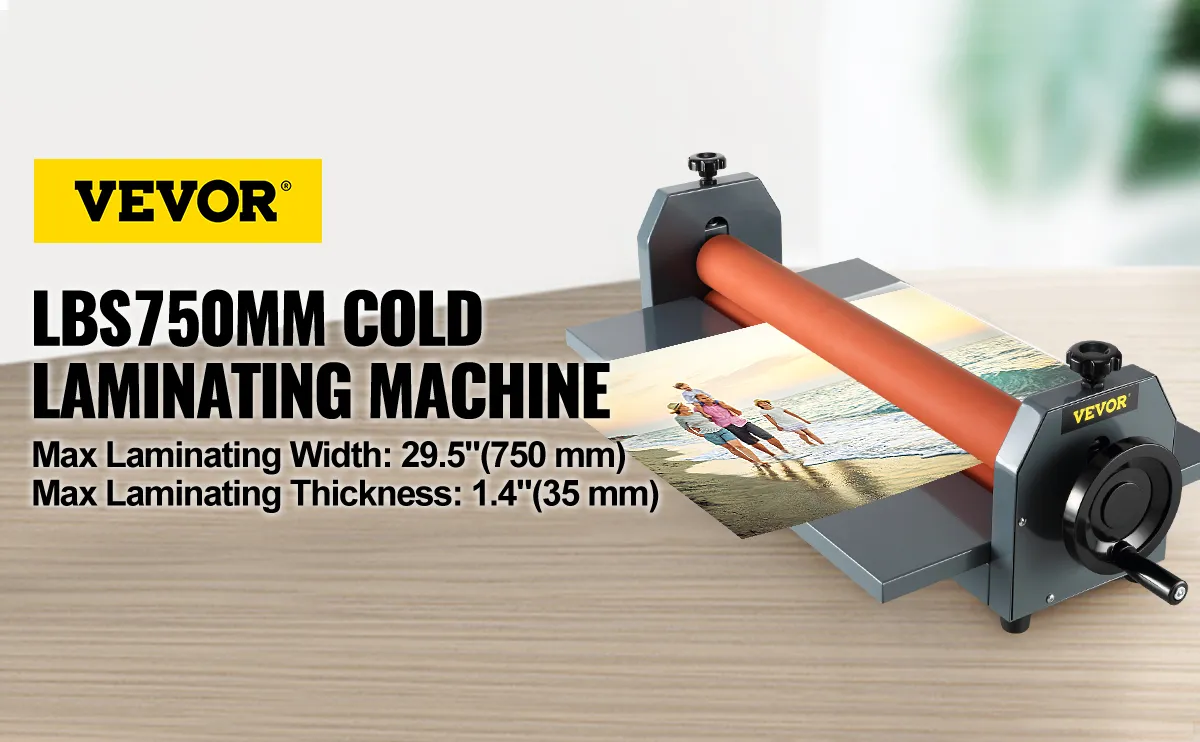 VEVOR cold laminator machine showcasing a laminated beach photo with specs in the background.