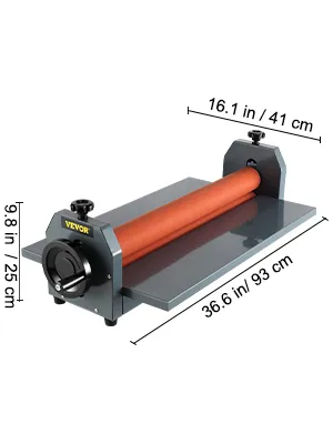 VEVOR cold laminator machine dimensions: 36.6x16.1x9.8 inches with orange roller.