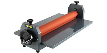 VEVOR cold laminator machine with orange roller on a sleek metallic base.