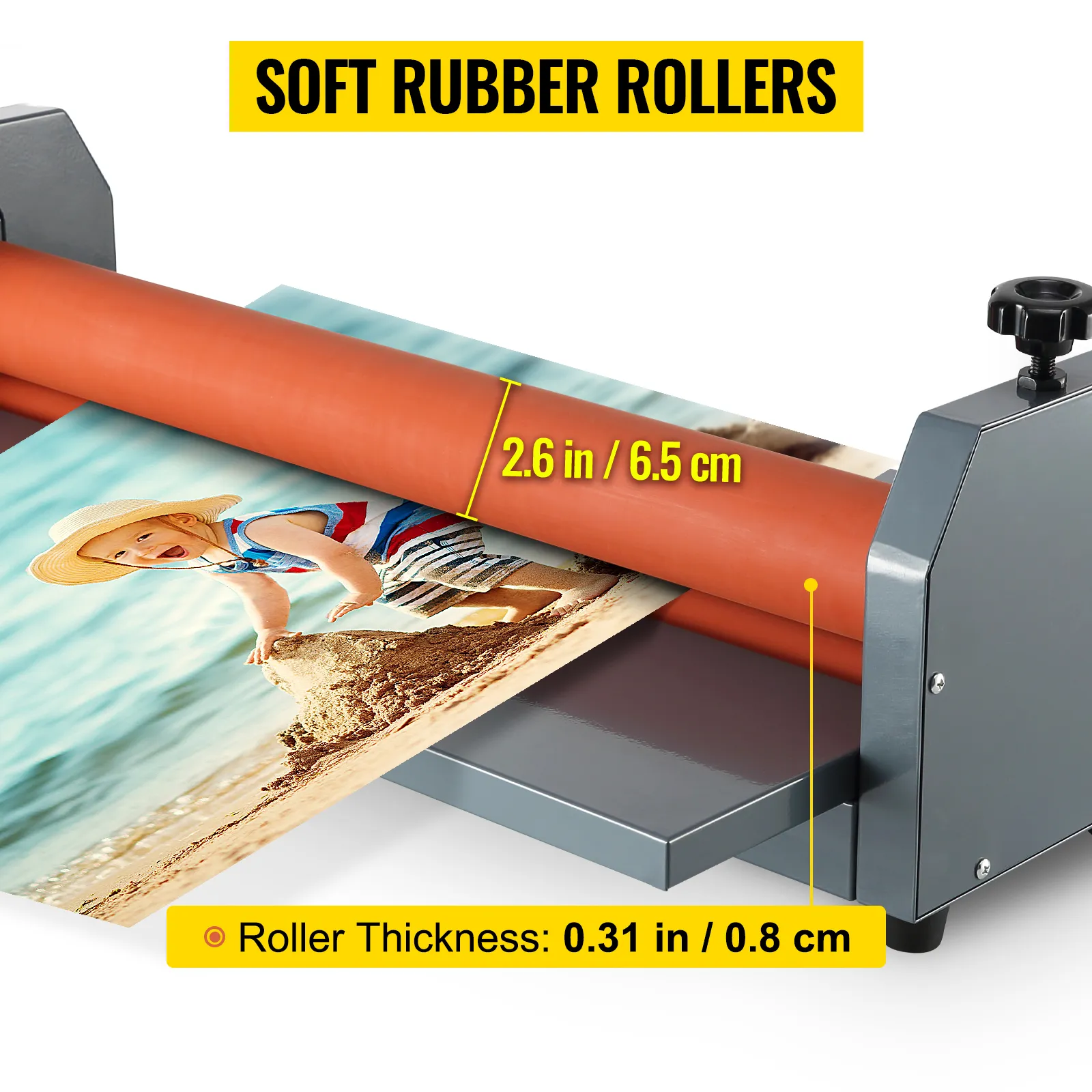 VEVOR cold laminator machine with soft rubber rollers and a child photo being laminated.