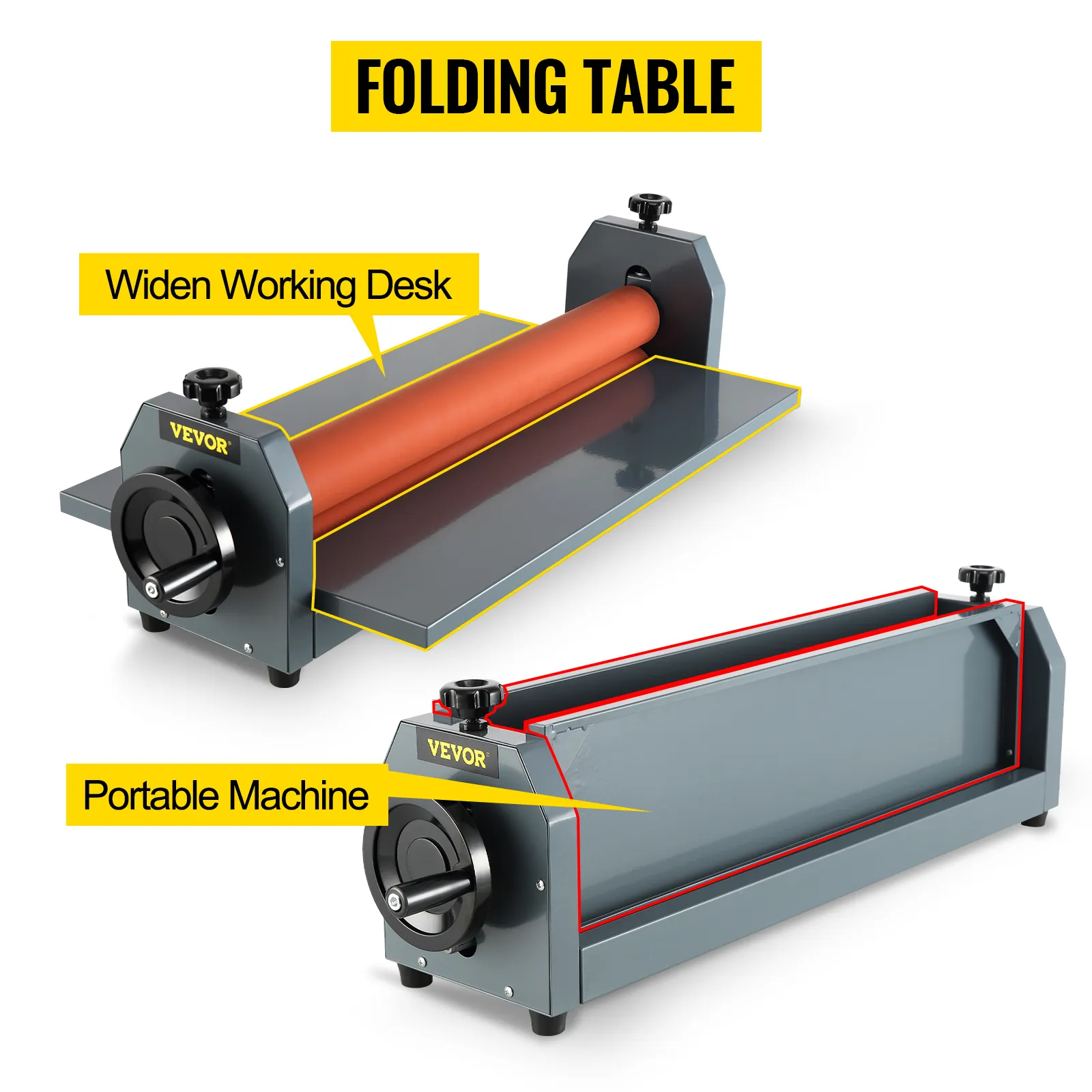 VEVOR cold laminator machine with folding table, widen working desk, and portability.
