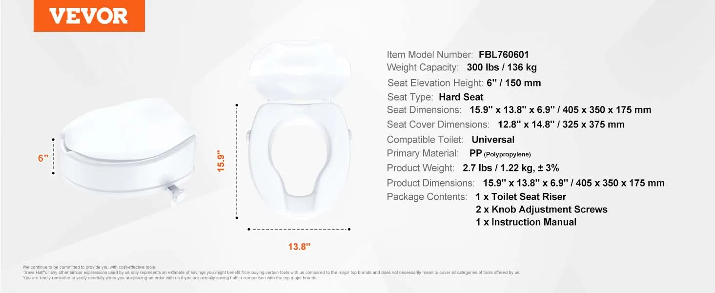 VEVOR white raised toilet seat, 5-inch elevation, hard seat, universal fit, 300 lbs capacity.