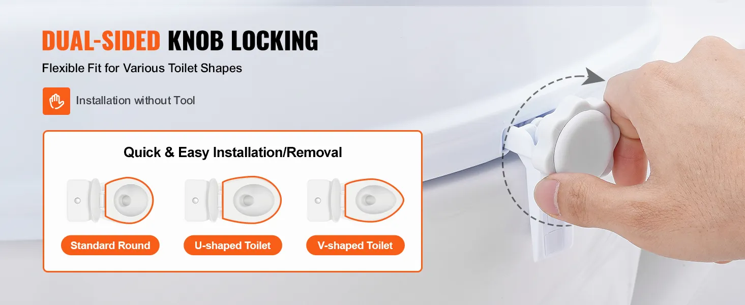 Dubbelzijdige knopvergrendeling voor VEVOR verhoogde toiletzitting; eenvoudige installatie voor standaard-, U- en V-vormige toiletten.