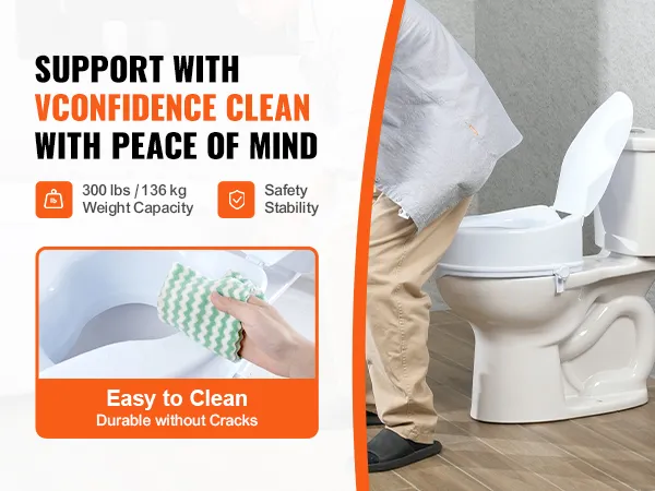 VEVOR verhoogde toiletzitting met een capaciteit van 136 kg, eenvoudig schoon te maken, duurzaam, zonder scheuren, veilig en stabiel.