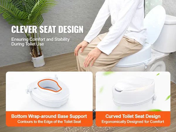 VEVOR verhoogde toiletzitting met rondomlopende basisondersteuning en gebogen ontwerp voor ergonomisch comfort.