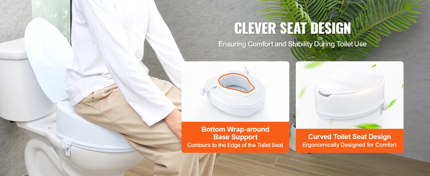 VEVOR verhoogde toiletzitting met rondomlopende basisondersteuning en gebogen ontwerp voor ergonomisch comfort.